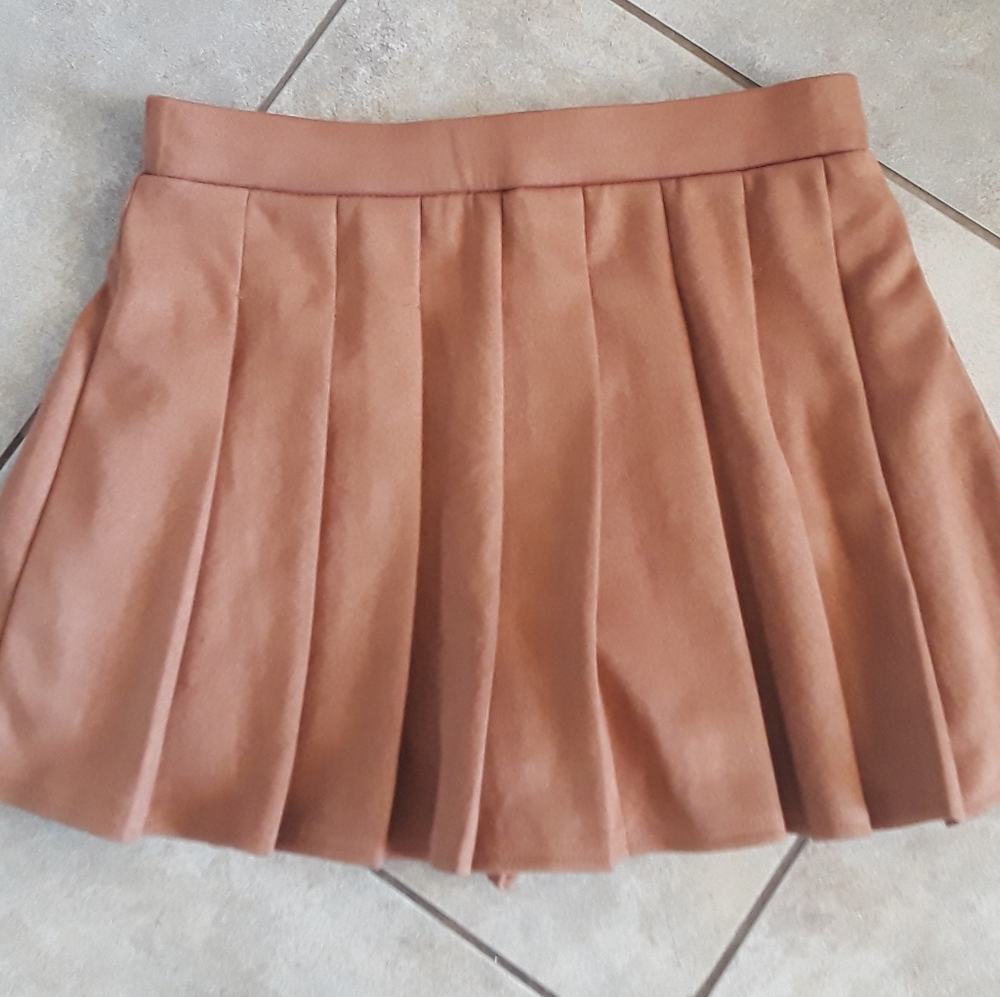 Elegant Faux Suede Tan Pleated Skirt